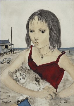 Jeune fille avec son chat sur la plage japonais Peinture à l'huile